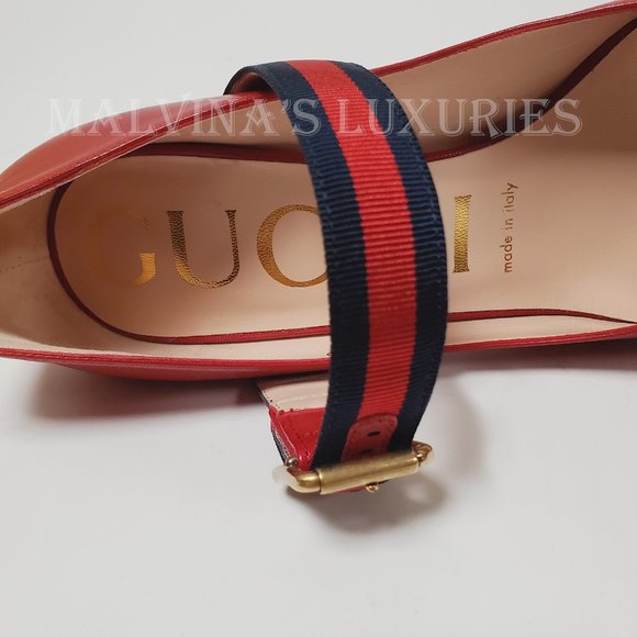 GUCCI SHOES SYLVIE WEB RED LEATHER MARY JANE PUMPS HEELS sz IT 36 US 6 - Picture 10 of 12